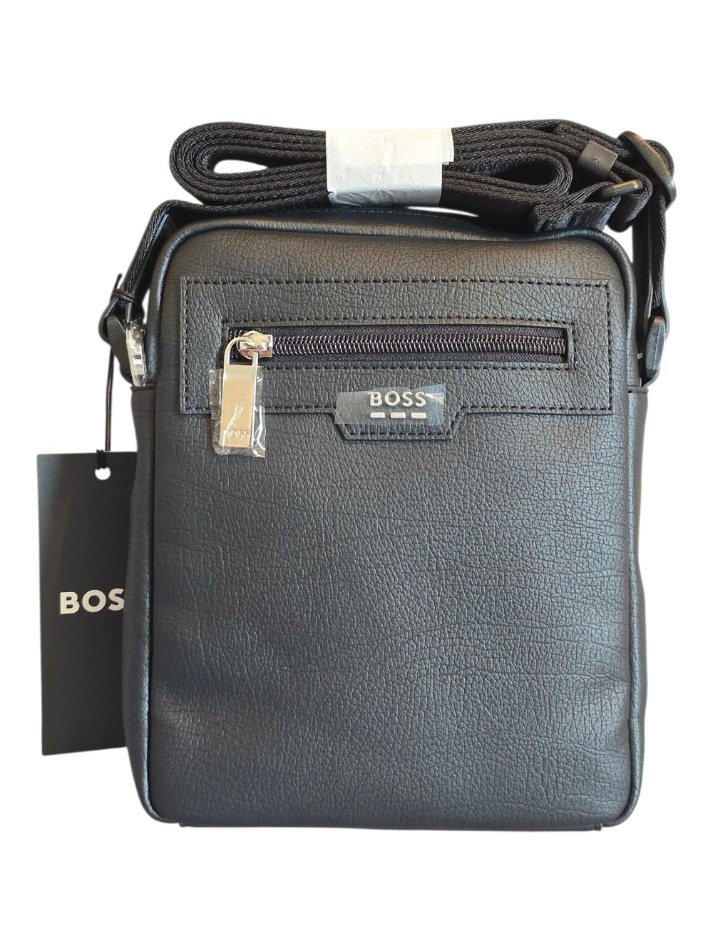 BOSS Black Black Grain Faux Leather Crossbody Shoulder Bag for Men